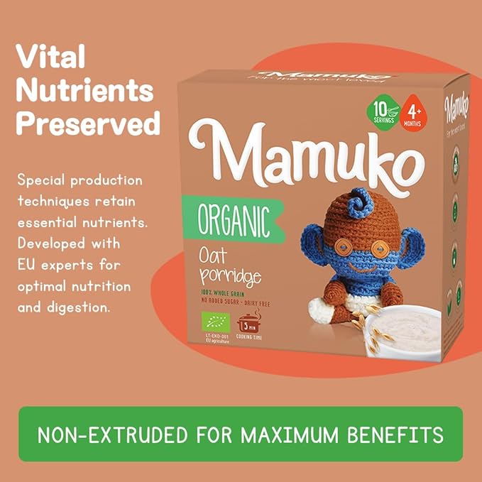 MAMUKO Baby Porridge - Healthy porridge with Oat Flavored & High Fiber - GMO-Free Oatmeal for Infants 3-6 Months - Organic Oatmeal for Healthy Growth & Development - 200g & 10 Servings