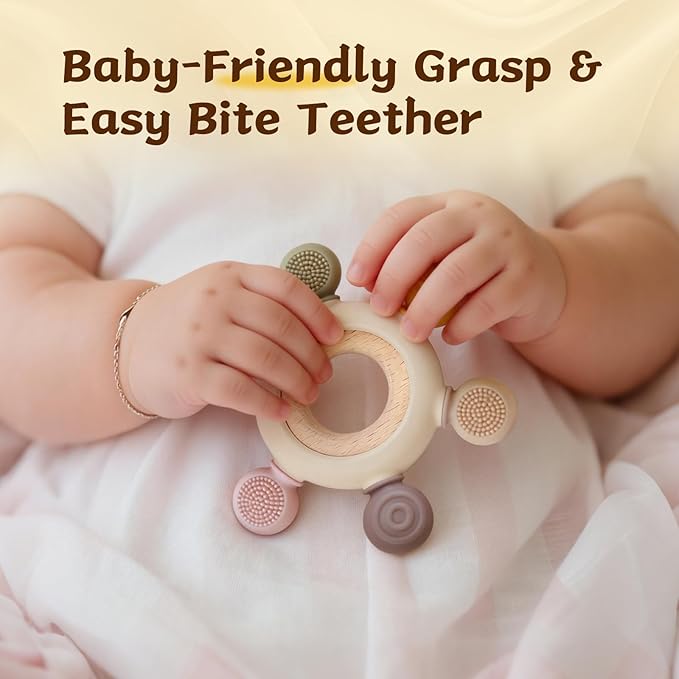 3 Packs Teether Rings for 0-6 6-12 Months Babies, Teething Toys with Pacifier Clip Holder, Baby Chew Toys for Sucking Needs, Baby Essentials
