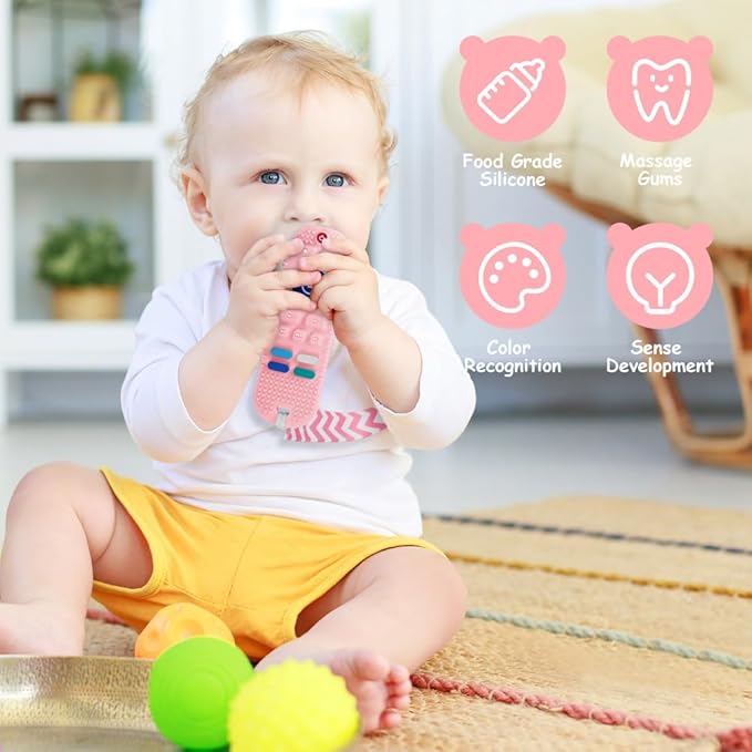 Silicone Baby Teething Toys, Remote Control Shape Teethers Toys with Teething Tubes and Pacifier Clip, Baby Teething Toys for 3 Months+, Remote Teething Toy BPA Free/Freezable/Dishwasher Safe(Pink)