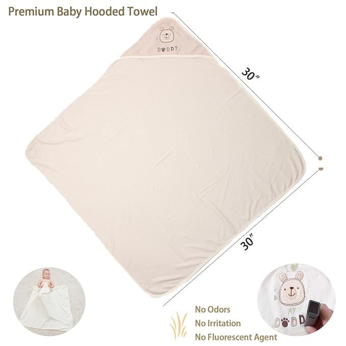 6 Pack Organic Cotton Baby Bath Set, Ultra Soft Embroidered Hooded Towel and 5 Washcloths, Premium Gentle Newborn, Toddlers Gift for Sensitive Skin, Brown 30 x 30 Inch