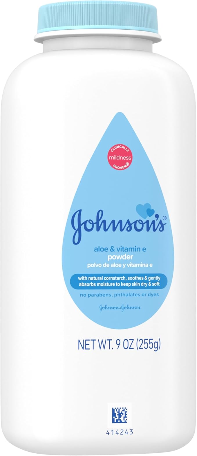 Johnson's Naturally Derived Cornstarch Baby Powder, Aloe & Vitamin E for Delicate Skin, Hypoallergenic, Free of Talc, Parabens, Phthalates & Dyes, Silky for Gentle Baby Skin Care, 9 oz