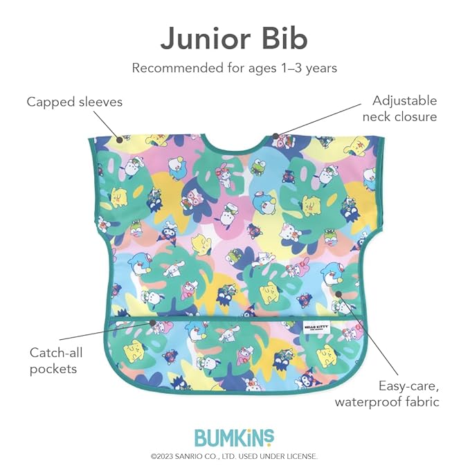 Bumkins Short Sleeve Bib for Girl or Boy, Toddler and Kids for 1-3 Years, Large Size, Essential Must Have for Junior Children, Eating, Mess Saving Soft Fabric Apron