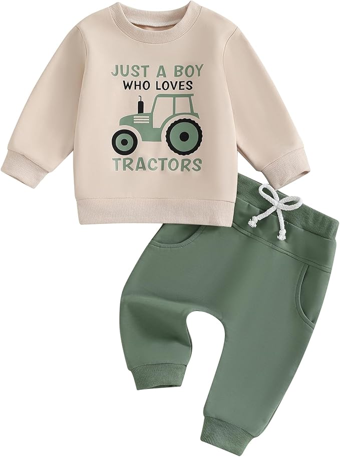 Toddler Baby Boy Fall Winter Outfits Tractor Print Long Sleeve Sweatshirt Pants Set Kids Sweatsuit Clothes