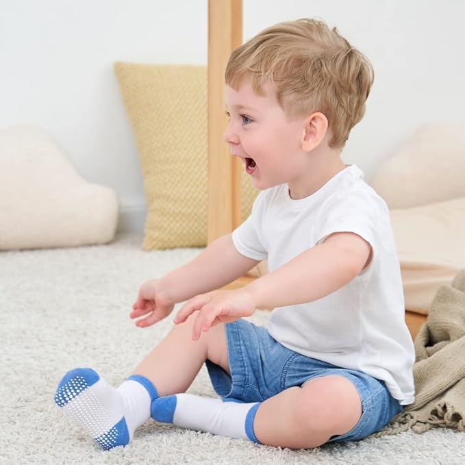ZAPLES Baby Non Slip Grip Crew Socks with Anti Skid Soles for Infants Toddlers Kids Boys Girls