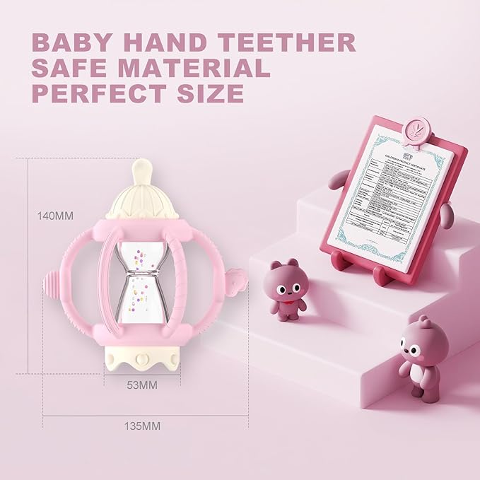 Teething Rattles for Babies 0-6 Months 6-12 Months, Silicone Rattle Teether with Pacifier, Baby Montessori Toys 6-18 Months, Infant & Toddler Molar Teething Relief, Boys Girls Essential Gifts (Pink)
