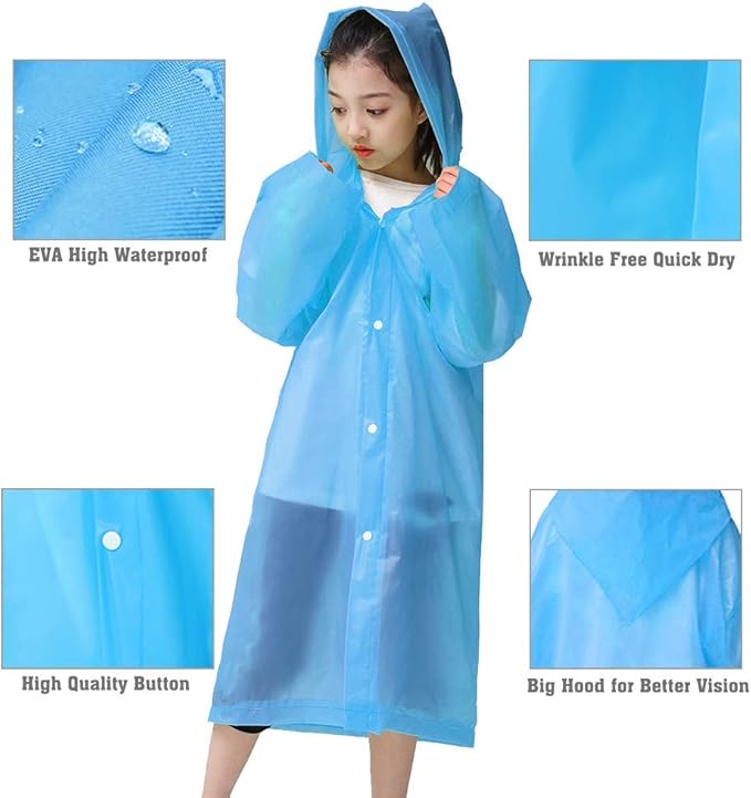 Raincoat Rain Poncho for Kids, 2-5 Pack Reusable EVA Rain Coats for 6-14 Boys Girls, Rain Jackets Gear with Hood
