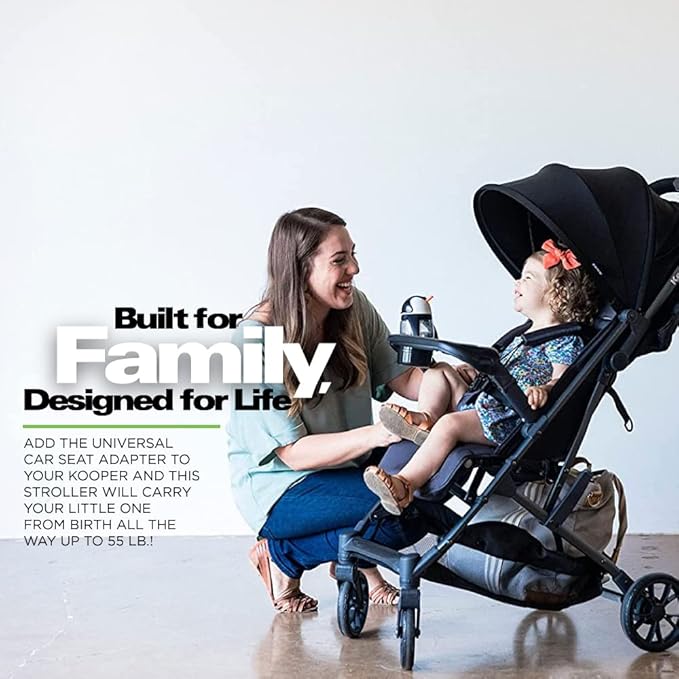 Joovy Kooper Lightweight Baby Stroller Featuring Removable, Swing-Open Tray, Big Wheels, Reclining Seat with Footrest, Extra-Large Retractable Canopy, and Compact Fold (Forged Iron)