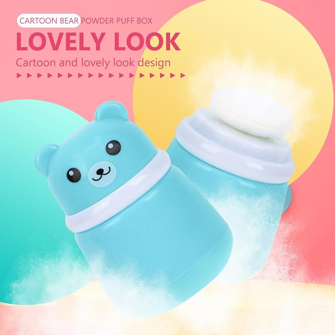 Cartoon Bear Baby Powder Puff Box Infant Talcum Powder Container with Puff Portable Loose Dispenser for Baby Skin Care 3.93X2.75X2.75In