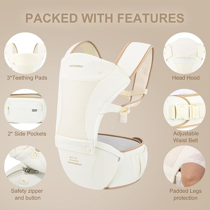 Bebamour Baby Carrier with Hip Seat,All-Position Breathable Mesh Hip Seat & Carrier 0-36Months with Head Hood, 3 PCS Teething Pads, Waist Extender,Storage Bag & Pacifier Case(Khaki)