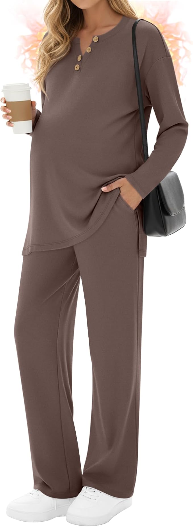 2 Piece Thermal Maternity Lounge Set Postpartum Pregnancy Fleece Loungewear Long Sleeve Top and Wide Leg Pant