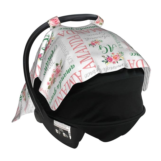 Personalized Monogram Flower Baby Car Seat Canopy for Babies with Name, Custom Car Seat Covers Boys Girls, Peekaboo Opening Minky Nursing Breastfeeding Cover Infant Car Seat Canopies for Newborn