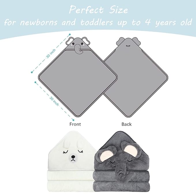2 Pack Hooded Baby Towels - Premium Ultra Soft Organic Baby Bath Towel – Absorbent and Hypoallergenic Towels for Baby Boy Girl, Toddler, Newborn Essentials (Elephant & Bear)