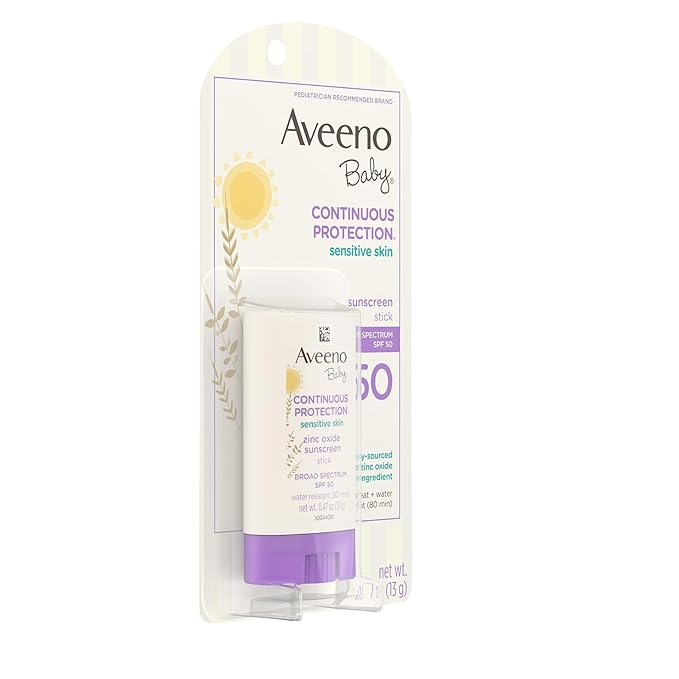 Aveeno Baby Continuous Protection Mineral Sunscreen Stick for Sensitive Skin with Broad Spectrum SPF 50 Protection for Face & Body, Naturally Sourced 100% Zinc Oxide, Travel Size, 0.47 oz