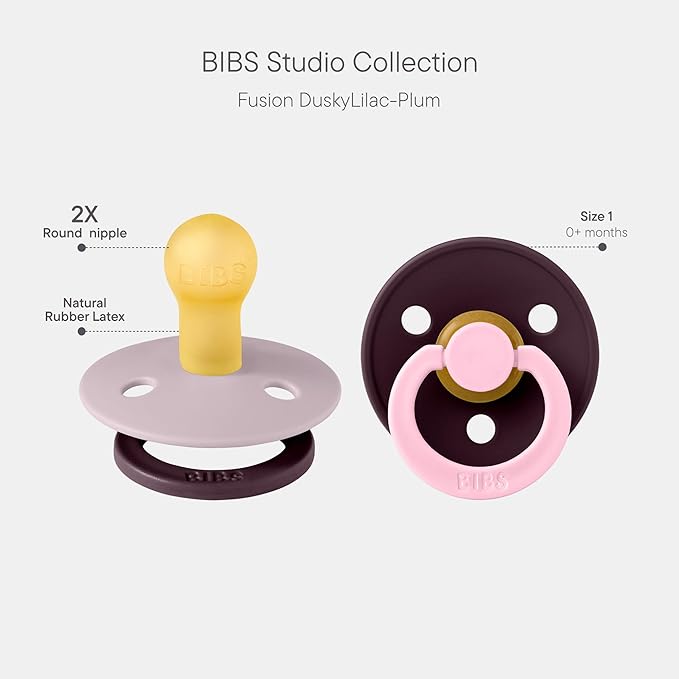 BIBS Colour Studio Pacifier 2-Pack, BPA Free, Round Nipple. Natural Rubber Latex, Made in Denmark, Size 1 (0-6 Months) - Dusky Lilac/Plum