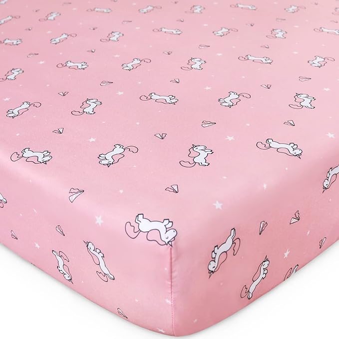 Girl Crib Sheets 4-Pack, Fitted Sheets 52'' x 28'' for Standard & Toddler Mattress, Soft Breathable Material, Neutral & Pink