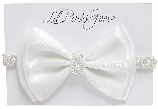 0-12 Newborn Baby Baptism Pearl Headband or Clip with Bow in WHITE Christening Headband with Satin Bow, Pearl Rhinestone Band (Off White(0-3Months), 1 Count (Pack of 1))