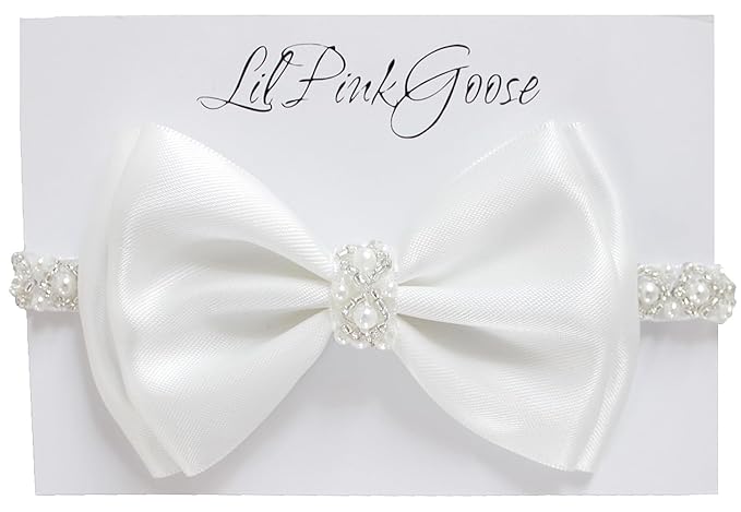 0-12 Newborn Baby Baptism Pearl Headband or Clip with Bow in WHITE Christening Headband with Satin Bow, Pearl Rhinestone Band (Off White(6-12Months), 1 Count (Pack of 1))
