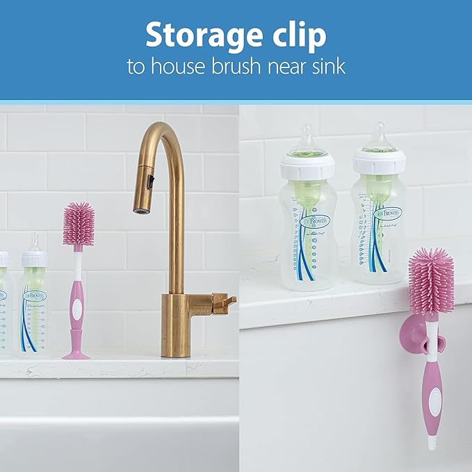 Dr. Brown's Drying Tower, Stand-Up Rack with Soft Touch No Scratch Baby Bottle Cleaning Brush, Pink