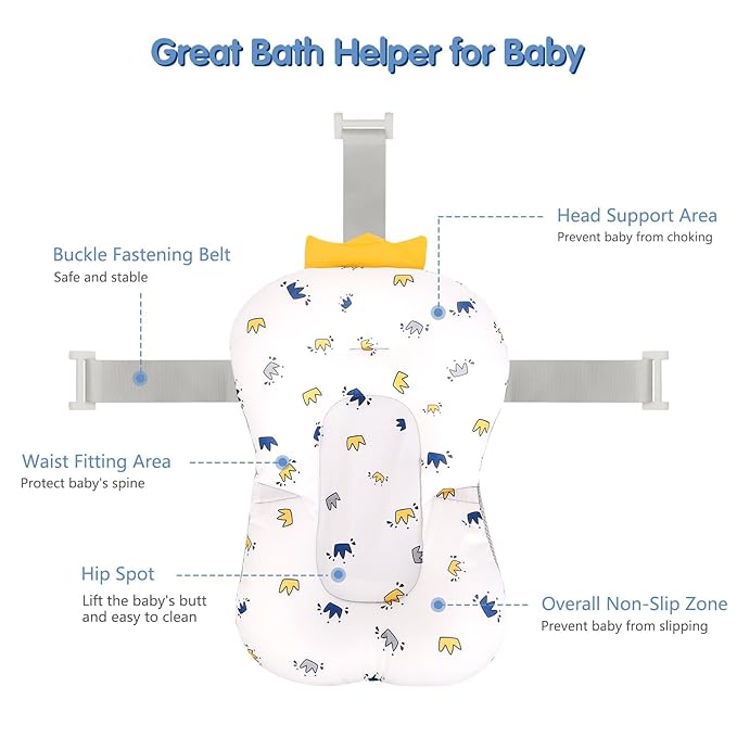 Colorlife Baby Bath Seat Support Net Infant Bathing Seat Support Mat, Adjustable Comfortable Non-Slip Three-Pointed Baby Shower Net Bathtub Sit Up Mesh for Newborn 0-12 Months-Crown(No Bathtub)
