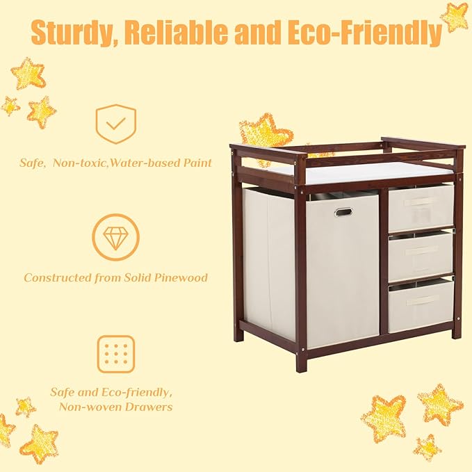 Karl home Modern Baby Changing Table,Dresser Baby Diaper Changing Station with Laundry Hamper,Infant Nursing Table with 3 Storage Drawers,Removable Safety Rail & Strap for Bedroom,Nursery,Brown