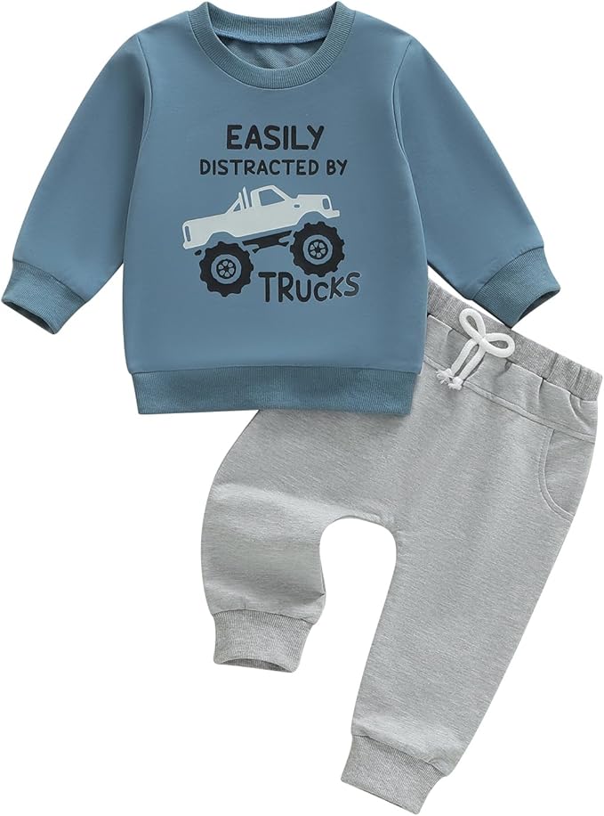 WZTYYDS Toddler Baby Boy Fall Clothes Letter Truck Long Sleeve Pullover Sweatshirt Tops Joggers Pants Set Winter Outfits