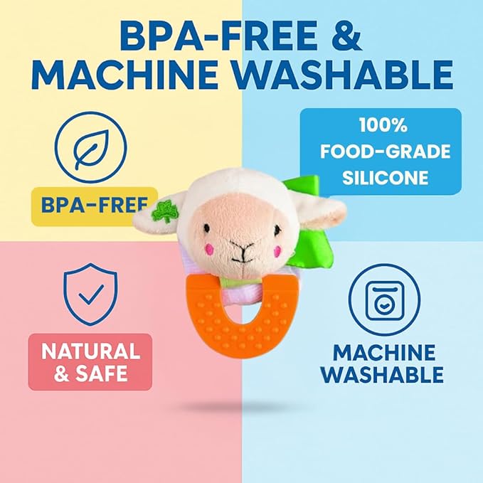 Wristy Buddy Teething Ring for Babies 0-6 8 10 12 Months | Cute Soft Lamb Animal Teething Toys & Gloves | Baby Teething Relief Toy Pack | Infant Chew Toys for 3-6 Months, 1 2 3 Years