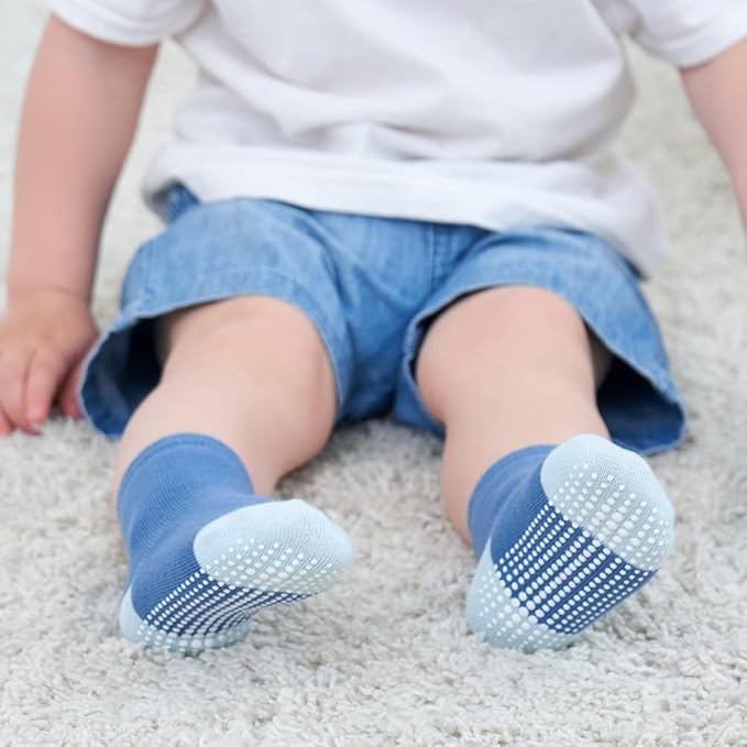 ZAPLES Baby Non Slip Grip Crew Socks with Anti Skid Soles for Infants Toddlers Kids Boys Girls