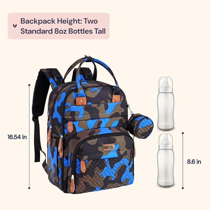 BabbleRoo Diaper Bag Backpack - Baby Essentials Travel Tote - Multi Function Water Resistant Diaper Bag, Travel Essentials Baby Bag with Changing Pad, Stroller Straps & Pacifier Case - Blue Camo
