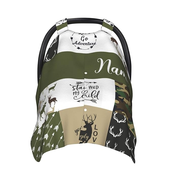 Personalized Deer Bear Baby Car Seat Canopy for Babies with Name, Custom Woodland Army Green Car Seat Covers for Boys, Opening Minky Nursing Breastfeeding Cover Infant Carseat Canopies for Newborn