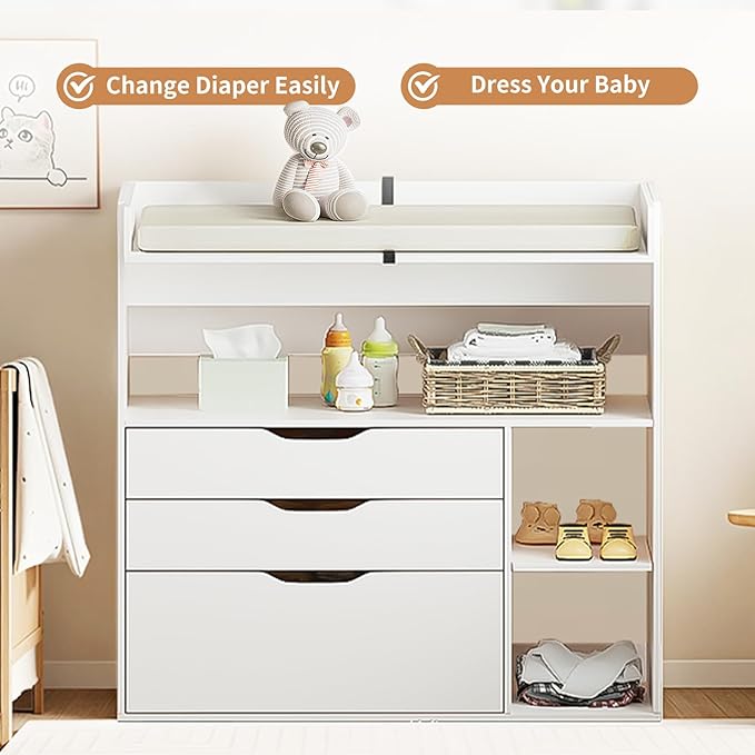 Pipleo Baby Changing Table Dresser with 3 Drawers and 3 Storage Shelves, Can be Used as a Baby Dresser with Changing Table Top, a Baby Changing Station, a Wood Diaper Changing Station (White)