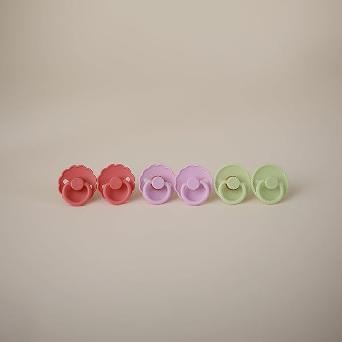 FRIGG Daisy Natural Rubber Baby Pacifier | Made in Denmark | BPA-Free (Pink Cream/Poppy, Size 2) 2-Pack