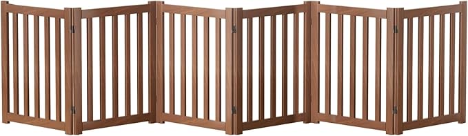 6-Panel Solid Wood Dog Gate - Freestanding Folding Pet Gate for Doorways, Stairs, Indoor, 24" Height, No Installation Needed, Walnut