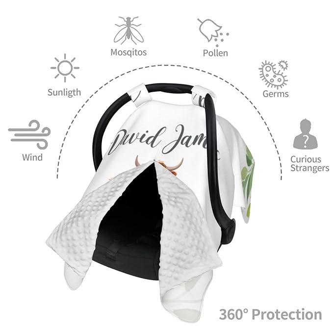 Personalized Baby Boy Car Seat Canopy for Babies, Custom Name Baby Car Seats Cover for Boys, High Land Cows Opening Minky Nursing Breastfeeding Covers for Infant, Carseat Canopies for Newborn