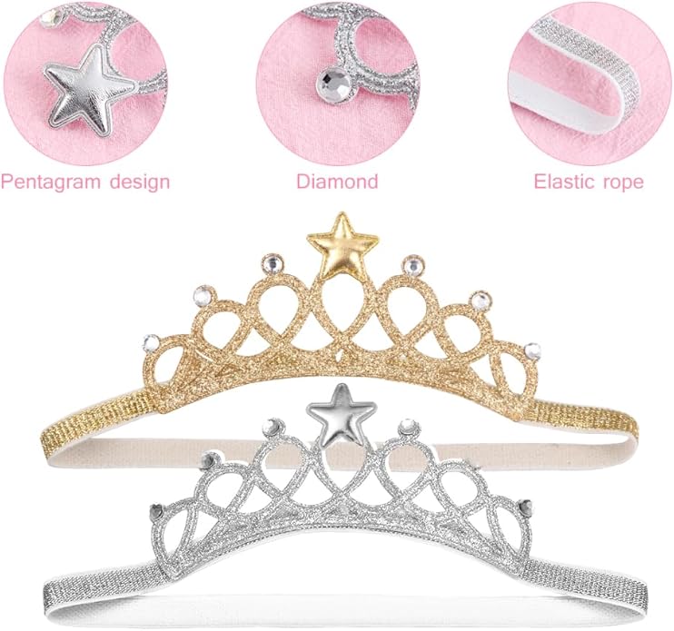 Beaupretty 2PCS Baby Girls Crystal Crown Tiara Hair Belt Headband Soft Headwrap Princess Headpiece Children Hair Accessories for Birthday Party, Photography (Silver+Gold)