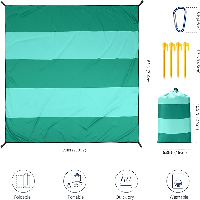 Beach Blanket Waterproof Sandproof Beach Mat 79" X 83"/10'x9'for 2-8 Adults Quick Drying Outdoor Picnic Mat Beach Accessories for Travel, Camping, Hiking