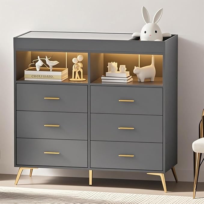 Changing Table Dresser with Drawers, Baby Dresser with Changing Table Top, Power Outlet, LED Light & Metal Feet, Diaper Changing Station Nursery Organizer for Infants Newborn (Grey)
