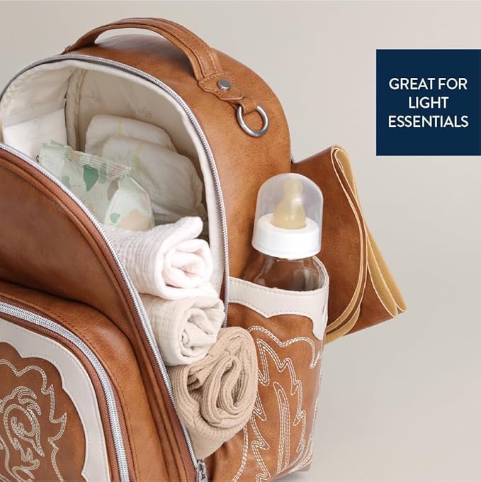 Itzy Ritzy Mini Diaper Bag Backpack – Chic, Compact Mini Plus Backpack with Changing Pad, 10 Pockets (6 Internal, 4 External), Grab-Top Handle & Rubber Feet (Saddle)