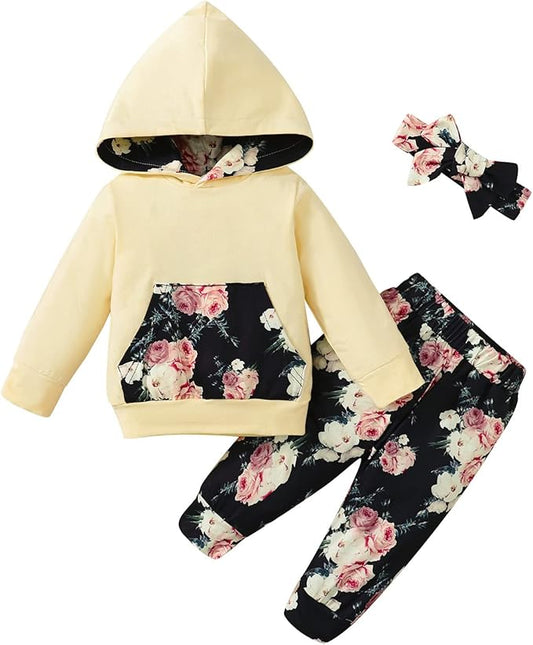 Yvowming Newborn Baby Girl Clothes Outfits Infant Hoodie Sweatshirt Pants Headband Toddler Girl Clothing Set