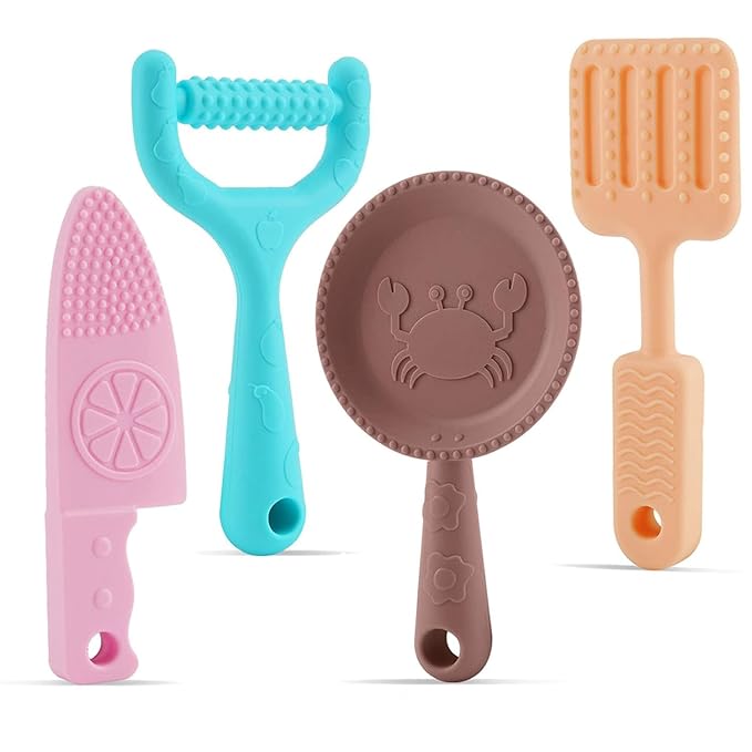0-BPA Silicone Culinary Kitchen Utensil Baby Teething Toys,Chef Cooking Role Playing Games Training for Baby Girls Boys,Molar Chewing Freezer teether Toys for 6-12 Months Infants,Kids,4 Pack