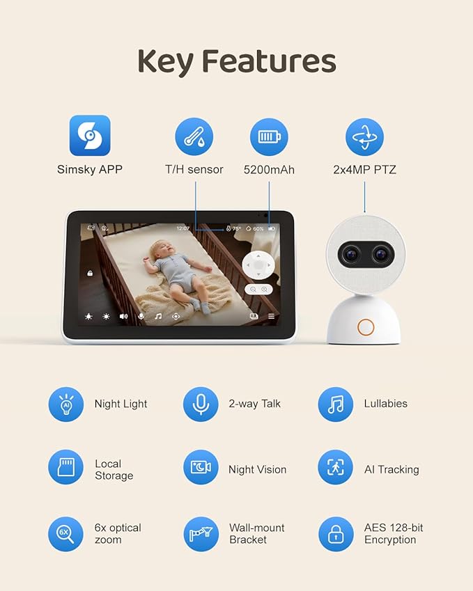 Simsky Split Screen Video Baby Monitor with 2 Cameras, Dual 4MP Cameras with 6X Zoom, 7" UHD Touch Screen Portable Audio Baby Monitor, App Remote Access 32GB Local Storage