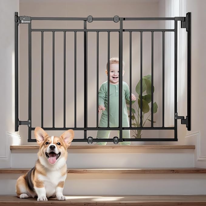 COMOMY 27.5-43" Baby Gate No Bottom Bar for Stairs and Doorways, 2-in-1 Auto Close Dog Gate Indoor for the House, Hardware Mounted Pet Gate with Large Walk Thru Door, Child Safety Gate for Dogs, Black