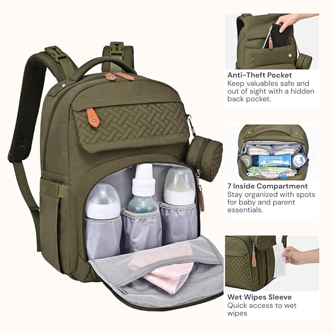BabbleRoo Diaper Bag Backpack - Travel Large Baby Diaper Bag with Changing pad, Waterproof Baby Bags for Mom & Dad, Unisex Bags with Pacifier Case, Luggage Strap & Stroller Clips– Army Green | with Changing Pad, Pacifier Case, Stroller Straps, Multifun...