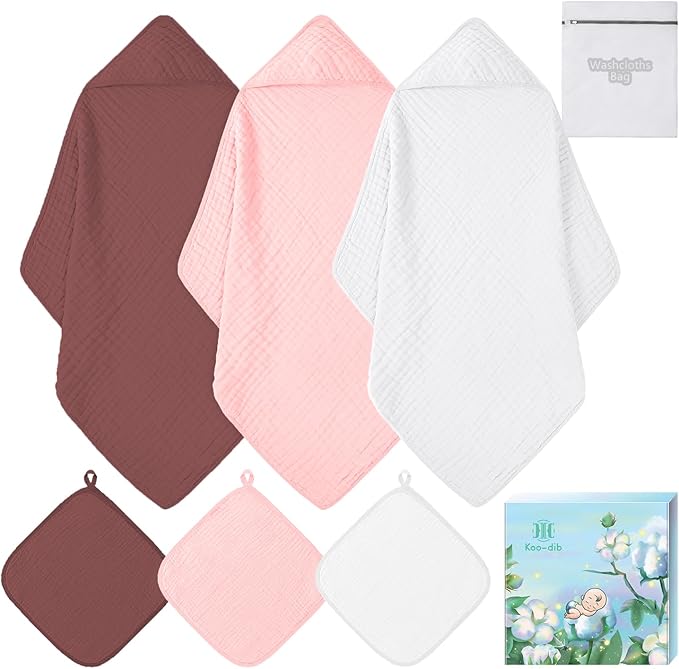 Hooded Baby Towels for Newborn, Absorbent 100% Cotton Muslin Baby Bath Towel for Boys and Girls, Baby Towels with Hood for Babies (WineRed & Pink & White)