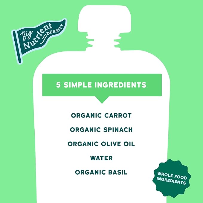 Serenity Kids 6+ Month Veggie Puree Baby Food Pouches - Carrot, Spinach & Basil - USDA Organic Baby Food - No Added Sugar Snack Pouch - On-the-Go Toddler Snacks - 3.5 Oz, 6 Pack