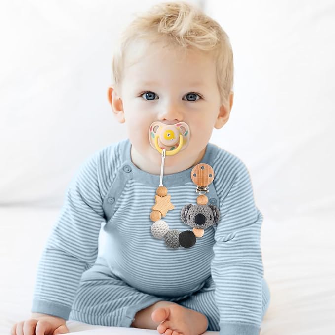 Pacifier Clip, 1 Pack Pacifier Holder Clip for Boys and Girls, Cute Koala Handmade Knitted Pacifier Holder Fits for Most Pacifier, Baby Teethers, Baby Shower and Baby Gift(Koala)