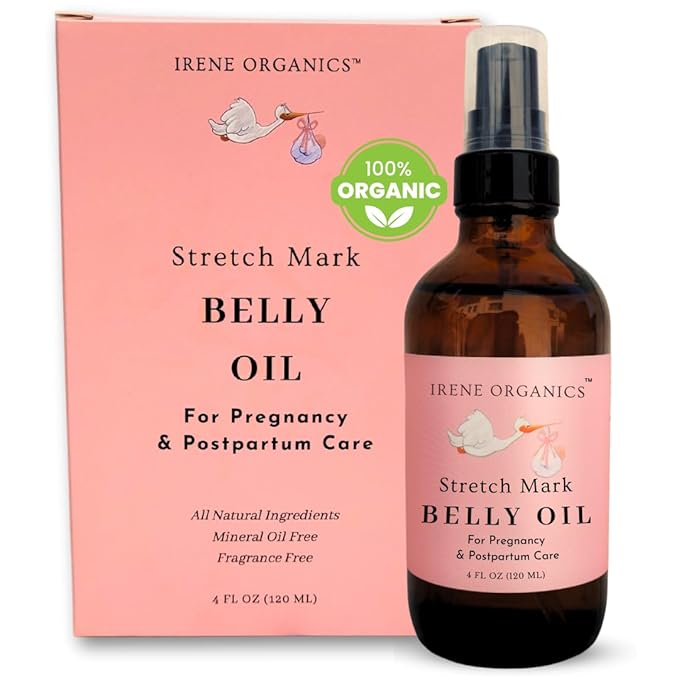 Irene Organics Organic Belly Oil for Pregnancy & Postpartum – Lightweight, Non-Greasy Stretch Mark Support Oil – Hydrating Vitamin E Bump Serum, Unscented & Pregnancy Safe