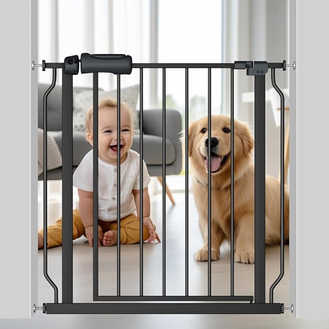 Fairy Baby Walk Through Black Baby Gate 29-34 Inch Wide for Stairs, Pressure Mounted Safety Gate with Door No Drill, Tension Metal Gate for Dog and Toddler