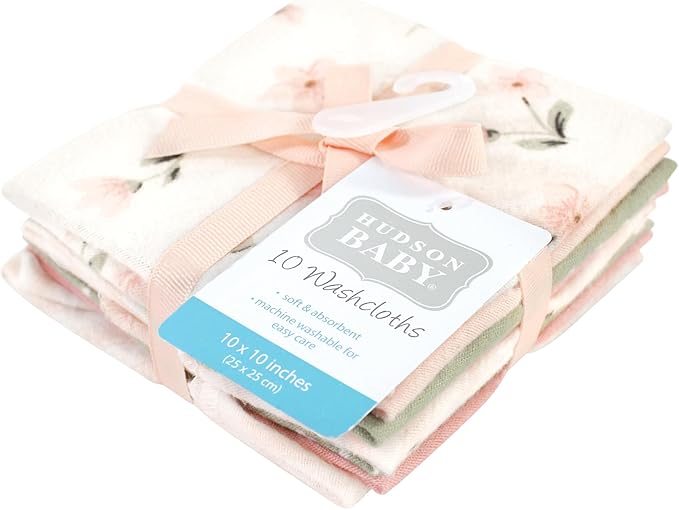 Hudson Baby Unisex Baby Flannel Cotton Washcloths, Pink Dainty Floral 10 Pack, One Size