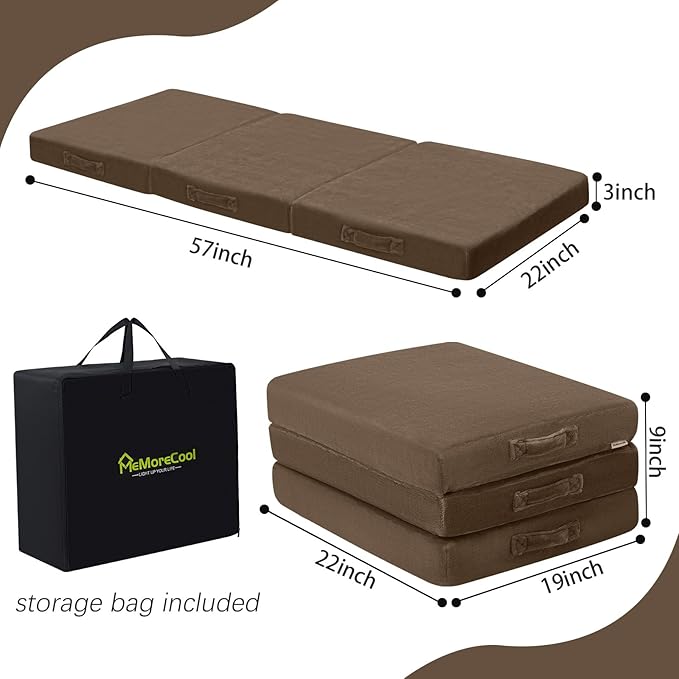 MeMoreCool Foldable Floor Mattress Kids Trifold Mat, Kids Folding Mattress Portable Futon, 57x22 Inch Coffee