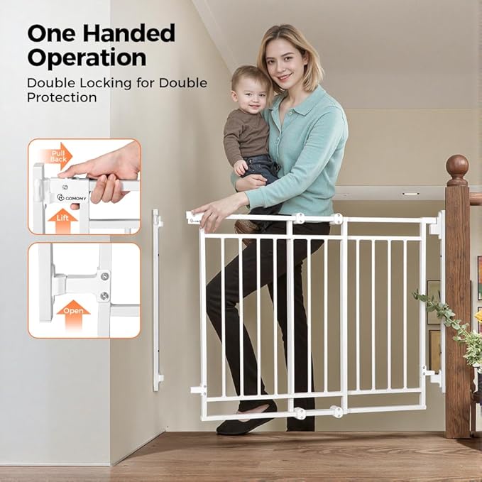 COMOMY 27.5-43" Baby Gate No Bottom Bar for Stairs and Doorways, 2-in-1 Auto Close Dog Gate Indoor for the House, Hardware Mounted Pet Gate with Large Walk Thru Door, Child Safety Gate for Dogs, White